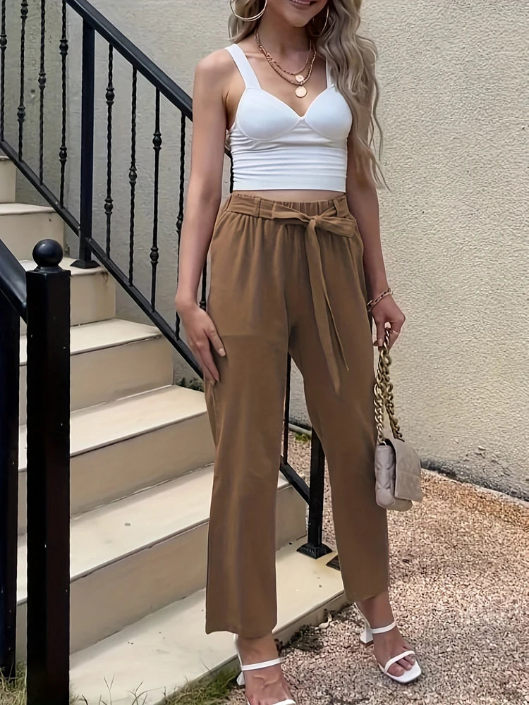 Summer Elastic Waist Women Cotton Linen Pants Hight Waist Ankle-length Oversized Loose Trousers Female Casual Solid Color Pants