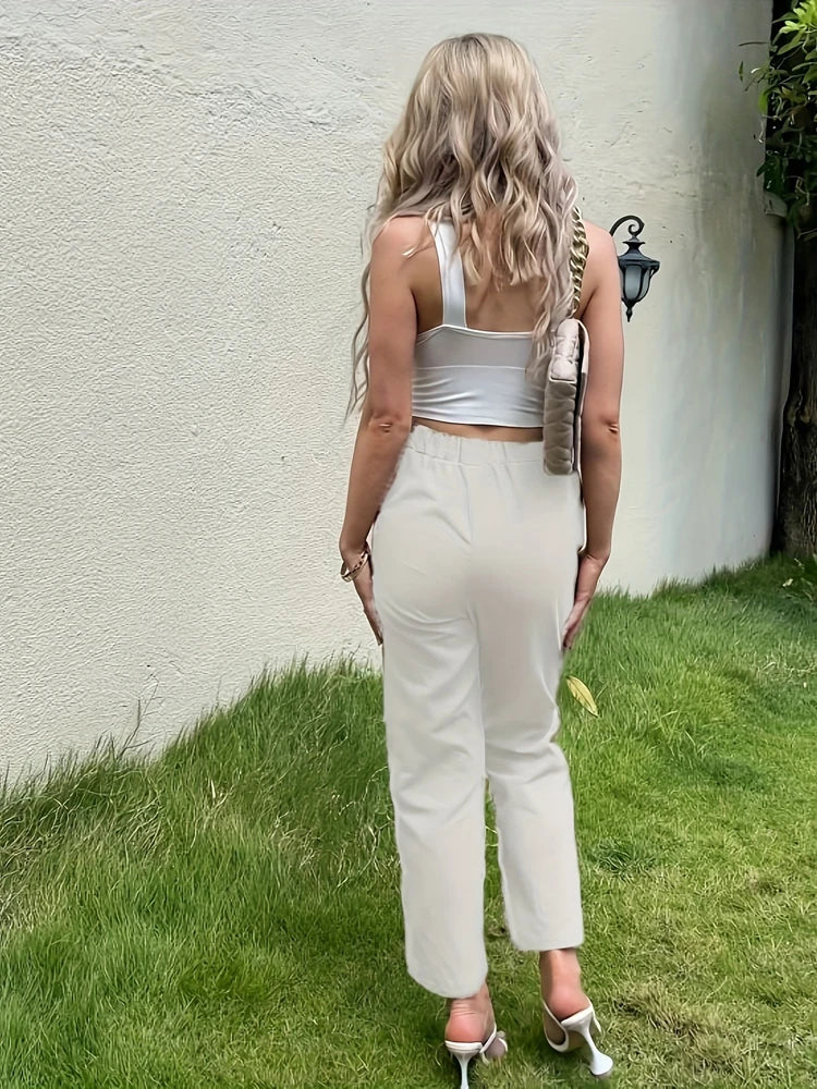 Summer Elastic Waist Women Cotton Linen Pants Hight Waist Ankle-length Oversized Loose Trousers Female Casual Solid Color Pants