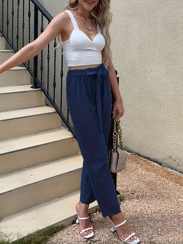 Summer Elastic Waist Women Cotton Linen Pants Hight Waist Ankle-length Oversized Loose Trousers Female Casual Solid Color Pants
