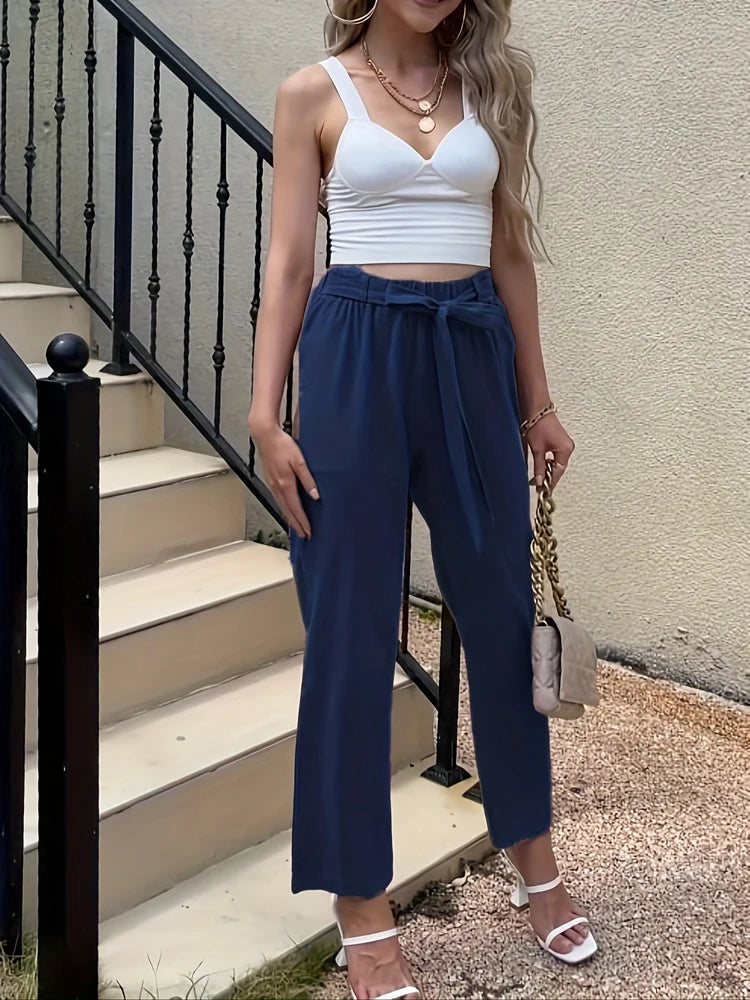 Summer Elastic Waist Women Cotton Linen Pants Hight Waist Ankle-length Oversized Loose Trousers Female Casual Solid Color Pants