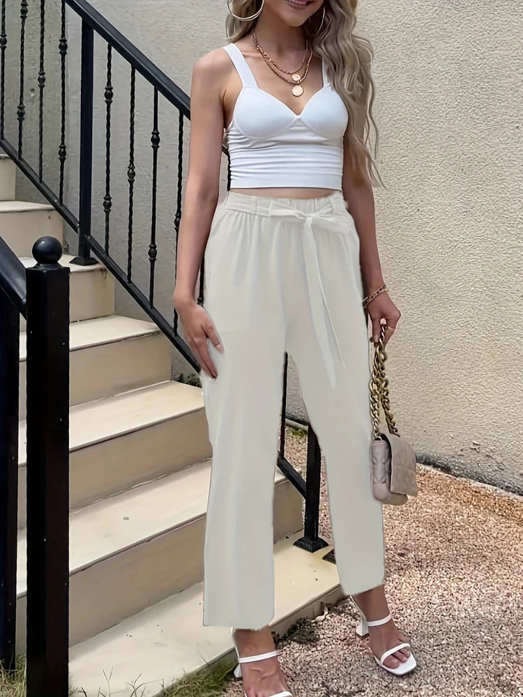 Summer Elastic Waist Women Cotton Linen Pants Hight Waist Ankle-length Oversized Loose Trousers Female Casual Solid Color Pants