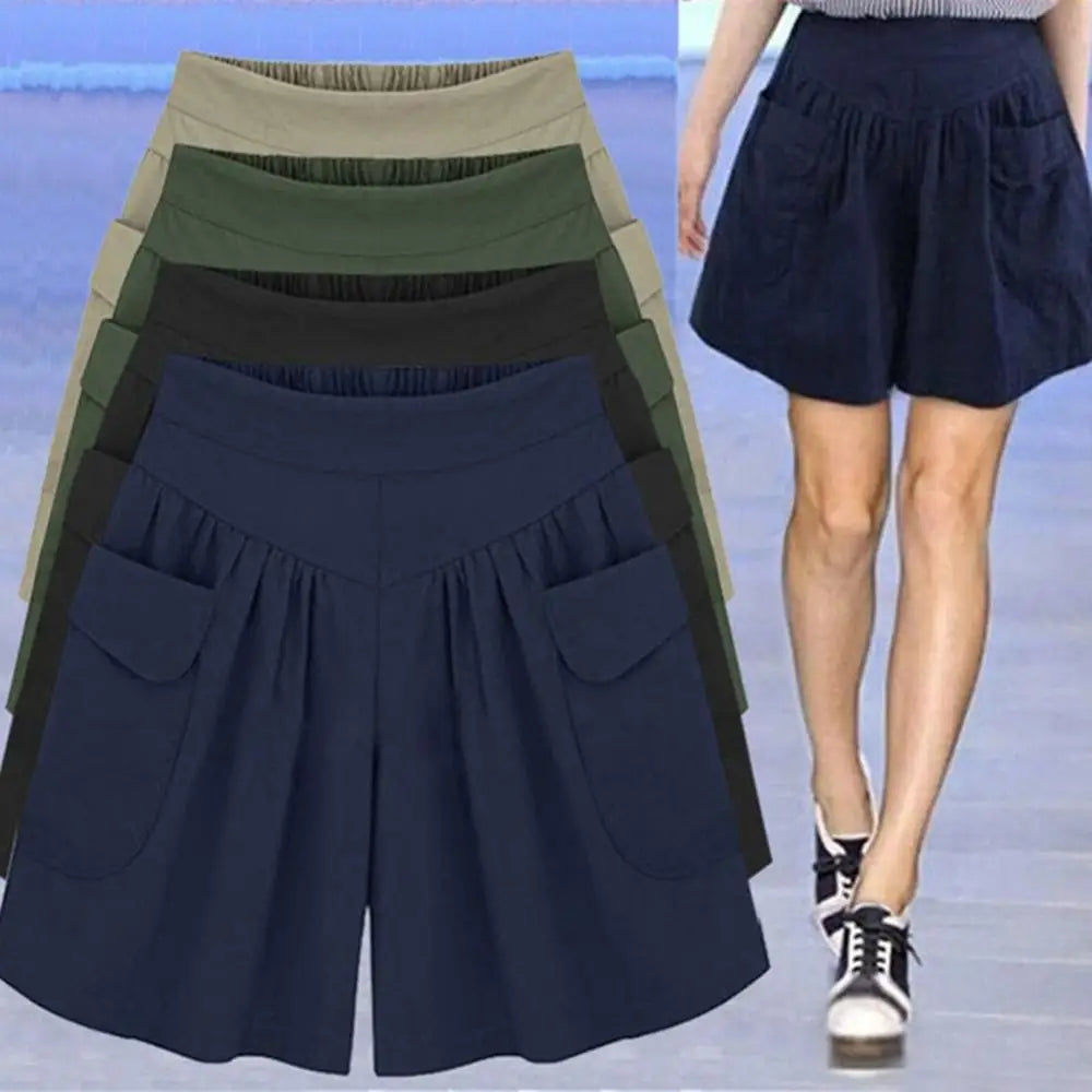 40%HOT Summer Women Solid Color Elastic Waist Casual Loose Shorts with Pocket
