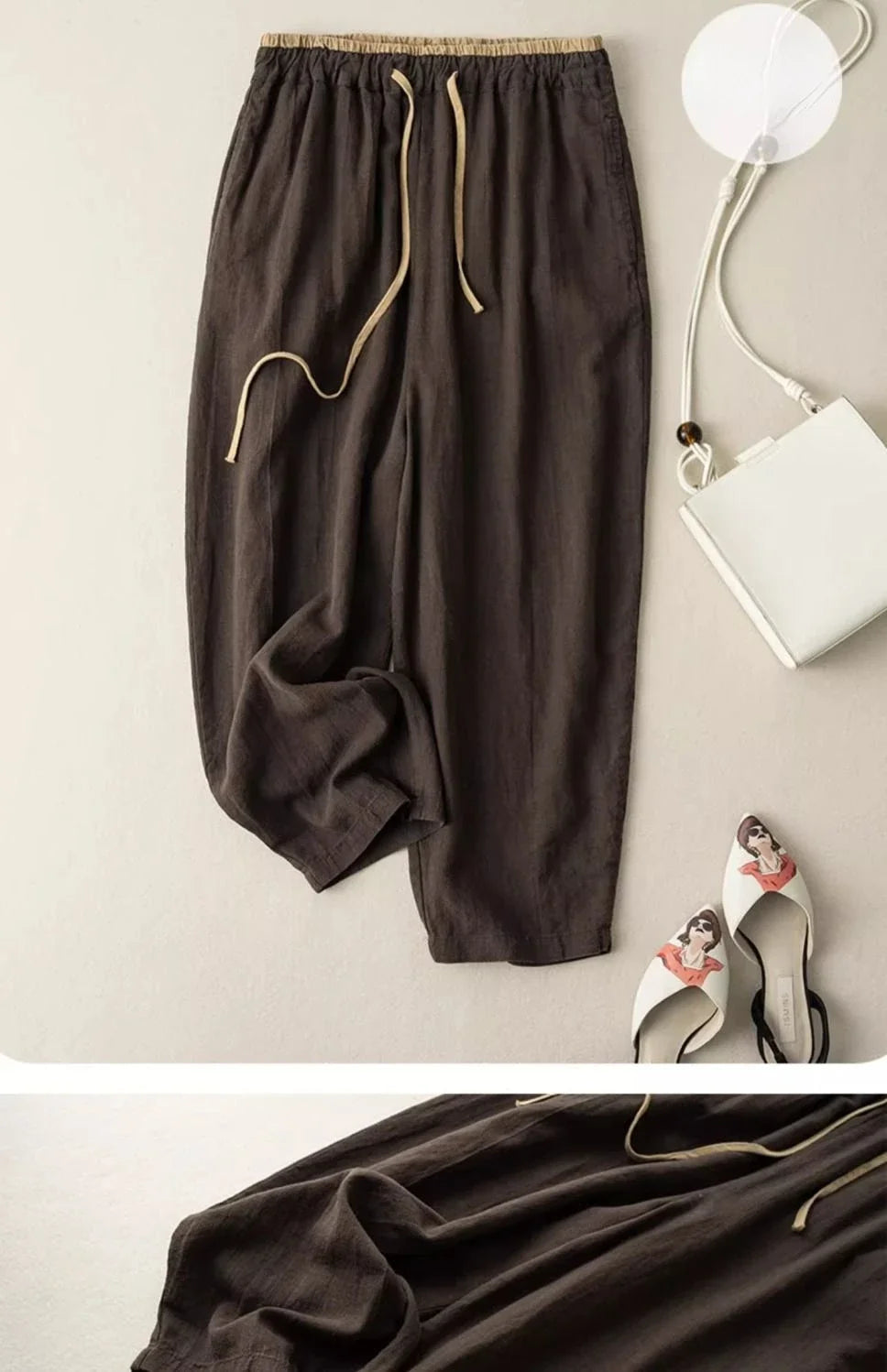 Elastic Drawstring Waist Casual Pants Summer Retro Cotton Linen Loose Harem Pants Basic Versatility Wide-leg Ankle-Length Pants