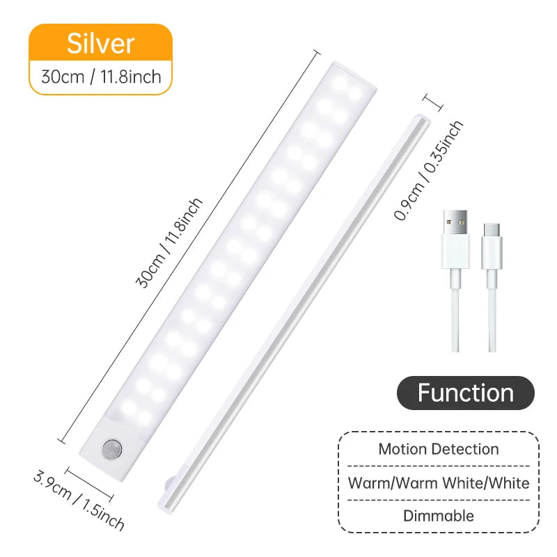 Night Light 20/30/40/60CM Motion Sensor Light Wireless USB LED Cabinet Light Wardrobe Lamp For Kitchen Cabinet Bedroom Wardrobe