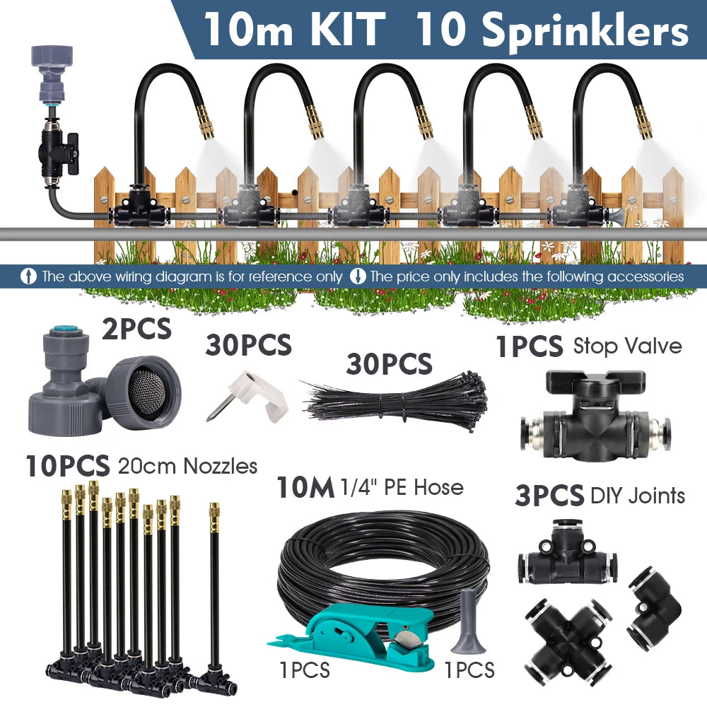 5-30m 1/4" 4/6mm Garden Misting Cooling System 360° Free-bend Misting Nozzle Adjustable Atomizer Sprayer Outdoor Watering Kits