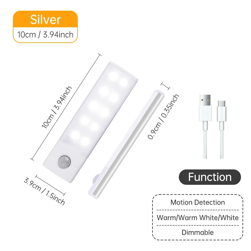 Night Light 20/30/40/60CM Motion Sensor Light Wireless USB LED Cabinet Light Wardrobe Lamp For Kitchen Cabinet Bedroom Wardrobe