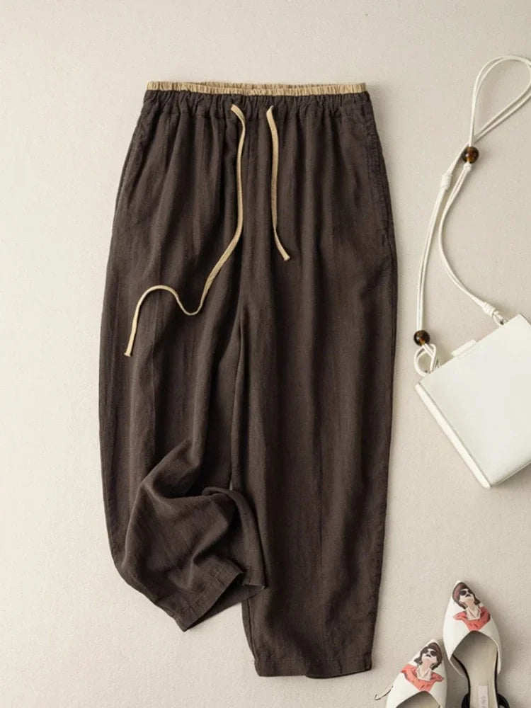 Elastic Drawstring Waist Casual Pants Summer Retro Cotton Linen Loose Harem Pants Basic Versatility Wide-leg Ankle-Length Pants