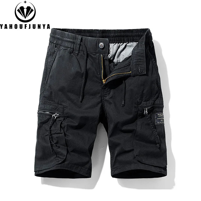 Men Summer Solid Color Outdoor Leisure Cargo Comfortable Shorts Men Elastic Waist Loose Straight High-Quality Design Shorts Male