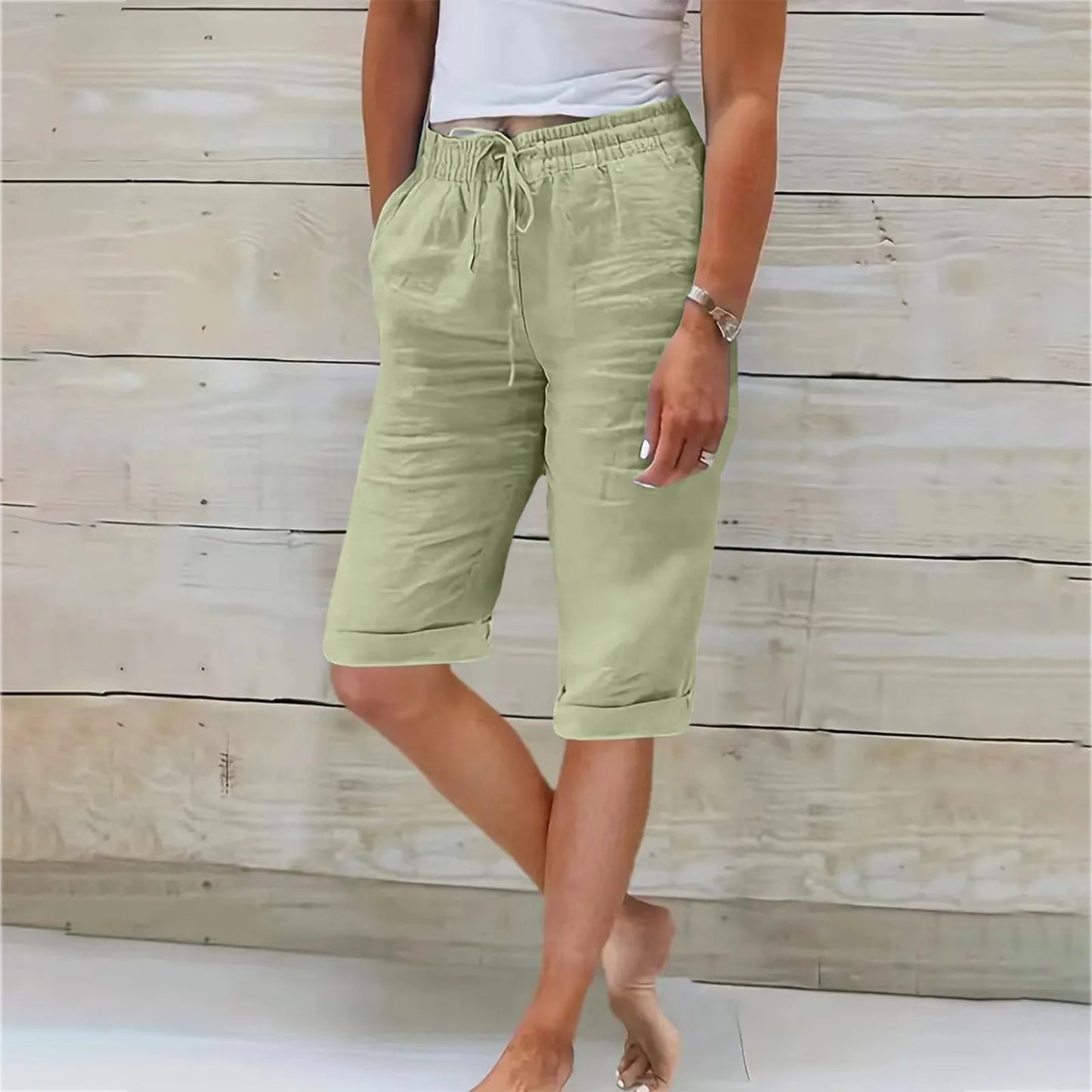 Womens Summer Elastic Waist Pocket Pocket Solid Color Cotton Linen Wide Leg Pants Loose Pants Pants for Women Women’s Pants