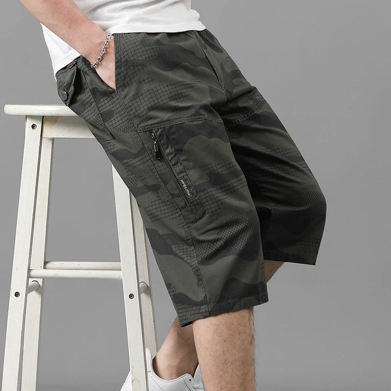 Summer Men's Elastic High Waisted Pockets Camouflage Straight Sweatpants Cargo Loose Vacation Printing Preppy Style Shorts