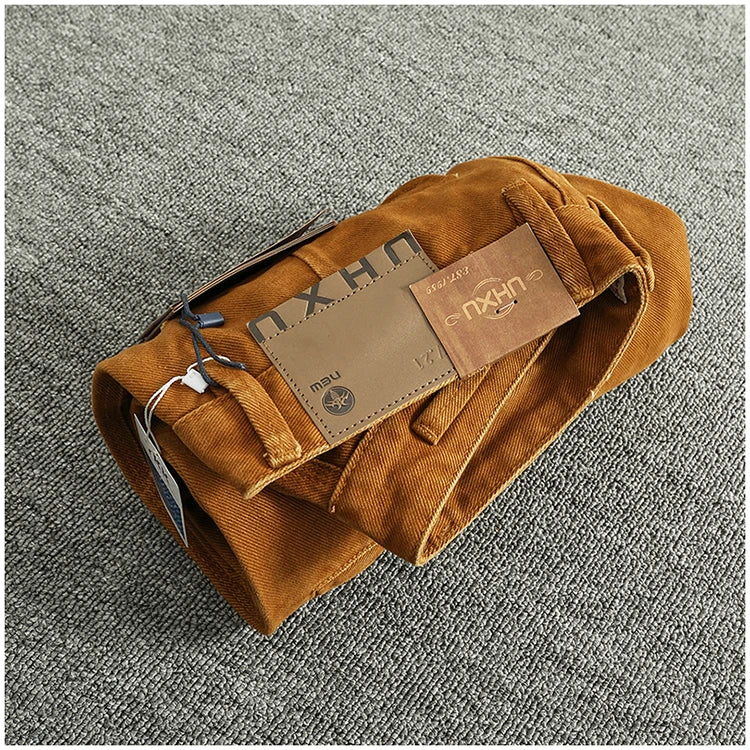 Retro heavy simple cargo pants men's loose straight leg casual pants pure cotton twill woven 3D vertical cut cone pants