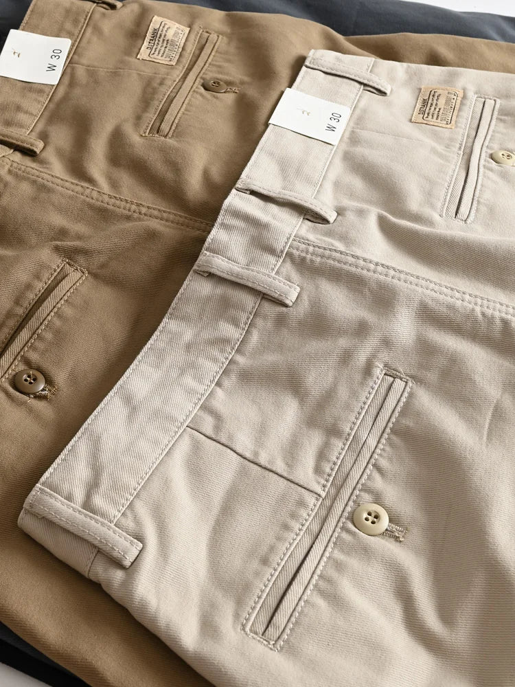 2025 Spring and Autumn New American Retro Woven Twill Chino Cargo Pants Men's Simple 100% Cotton Washed Casual Straight Trousers
