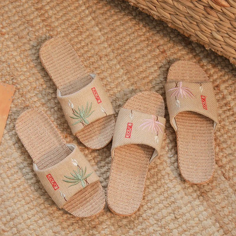 New Linen Slippers For Women Summer Indoor Home Non-Slip Home Home Embroidered Sandals Summer