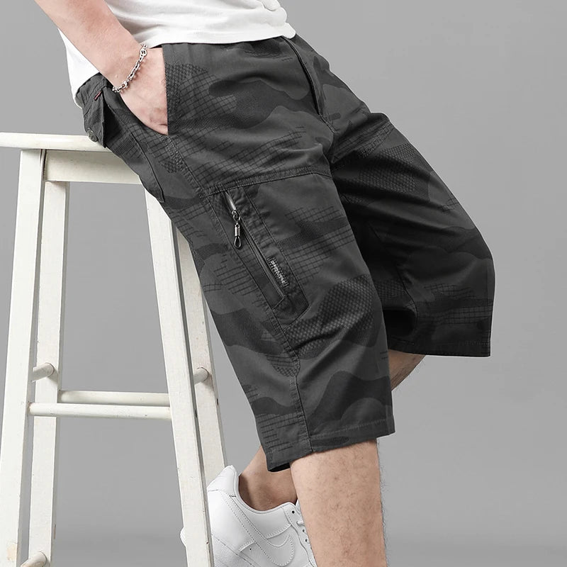 Summer Men's Elastic High Waisted Pockets Camouflage Straight Sweatpants Cargo Loose Vacation Printing Preppy Style Shorts