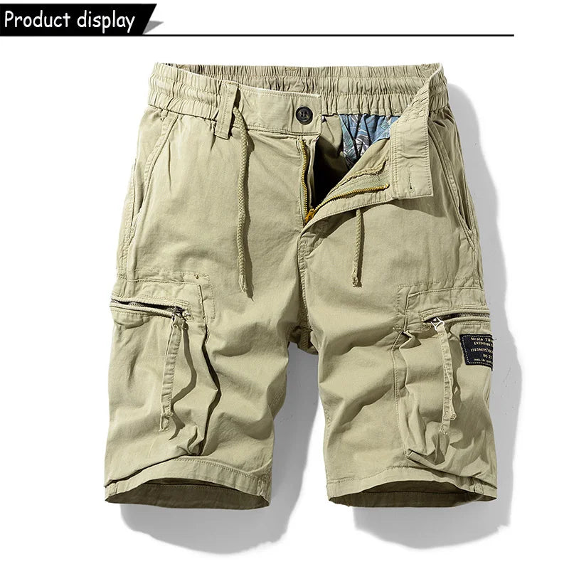 Men Summer Solid Color Outdoor Leisure Cargo Comfortable Shorts Men Elastic Waist Loose Straight High-Quality Design Shorts Male