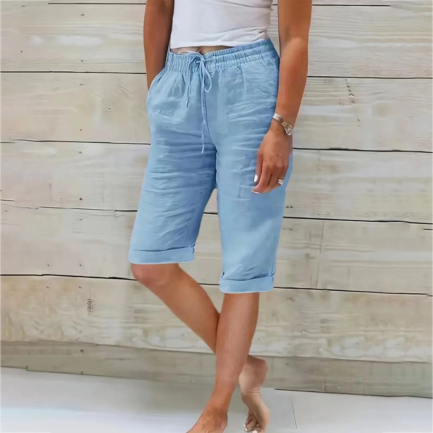 Womens Summer Elastic Waist Pocket Pocket Solid Color Cotton Linen Wide Leg Pants Loose Pants Pants for Women Women’s Pants