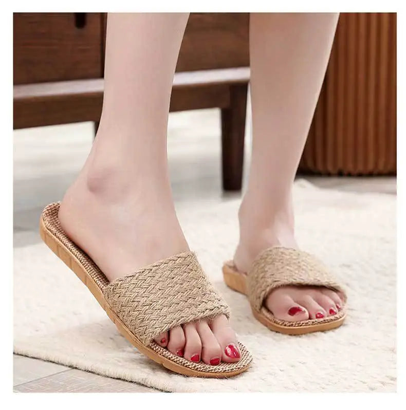 Summer Linen Slippers Woven Home Indoor Couple Sandals Breathable Non Slip Sweat Absorbing Wooden Floor Cotton Linen