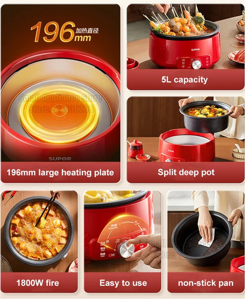 SUPOR 220V Multi Cookers Split Deep pot Electric Pot 1-5 People Household Non-stick Pan Hot Pot Rice Cooker Cooking Appliances