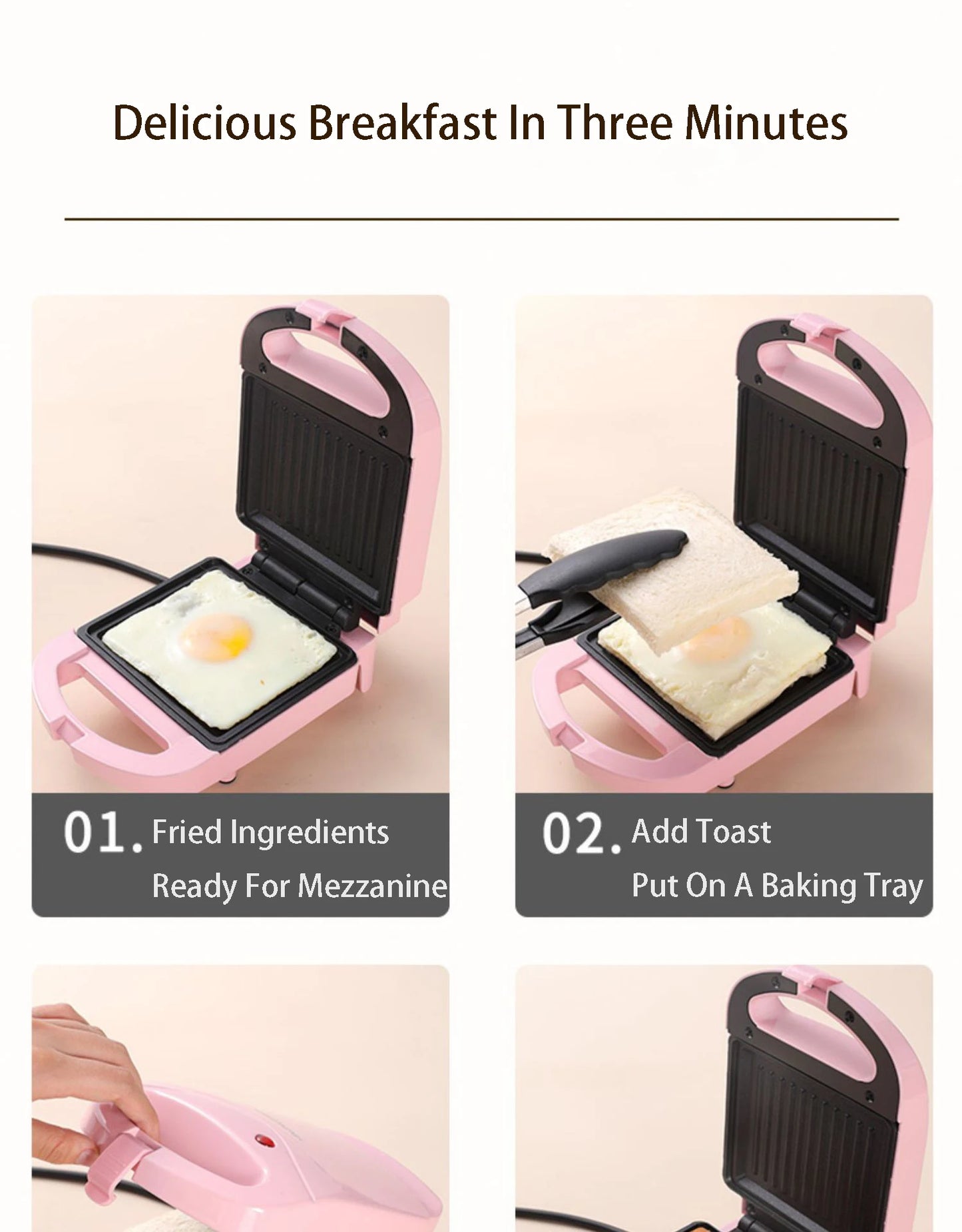 Portable Electric Sandwich Maker Home Multifunctional Machine Non-Stick Breakfast Maker Waffle Baking Pan Pot Pink Red Color