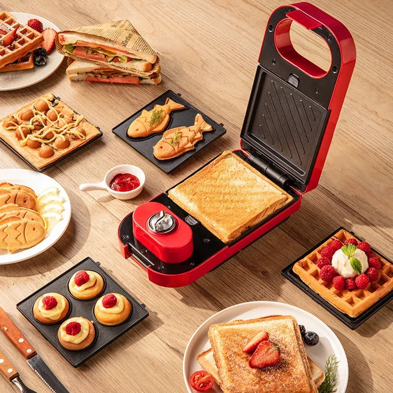 220V Electric Sandwich Maker Breakfast Machine Multi-baker Toaster Baking Waffle Maker Takoyaki Toast Pressure Toaster