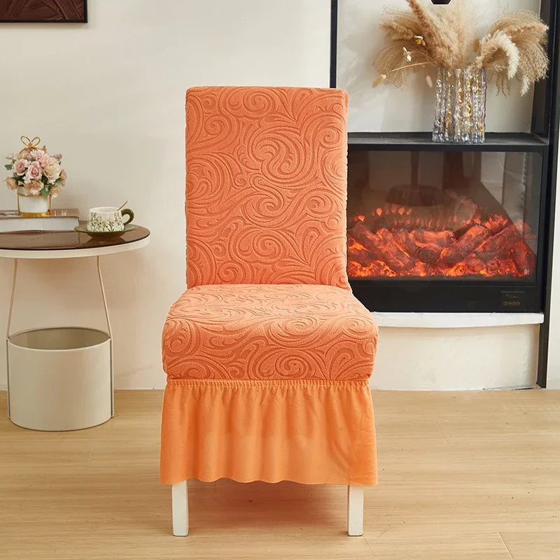 1/2/4/6pcs Jacquard Dining Chair Cover Pure Color All-inclusive Chair Slipcover with Skirt Elastic Durable Seat Protector Decor