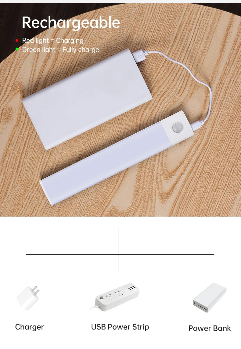Night Light 20/30/40/60CM Motion Sensor Light Wireless USB LED Cabinet Light Wardrobe Lamp For Kitchen Cabinet Bedroom Wardrobe