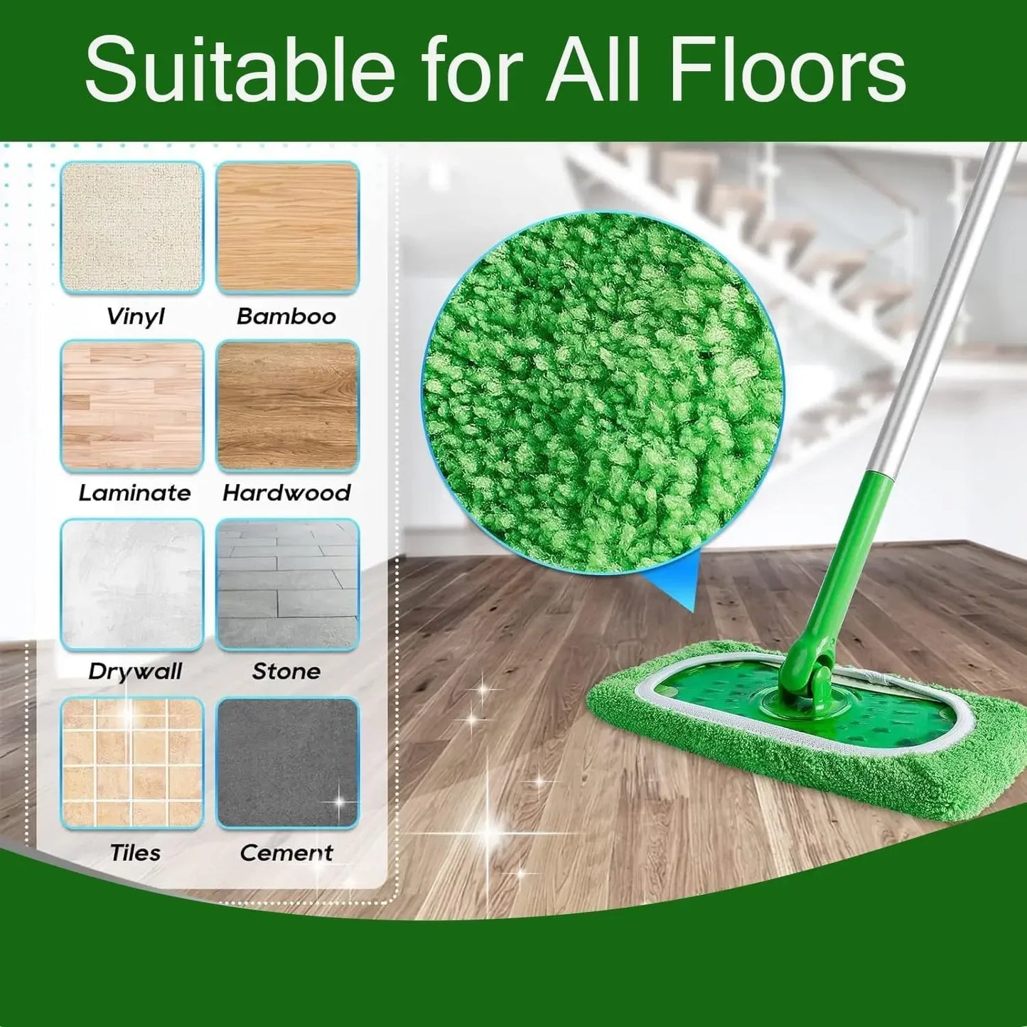 Replacement Washable Rag Towel Sweeper Wet & Dry Cleaning Cloths Reusable Microfiber Mop Pads Green Furniture Flooring Mop Head