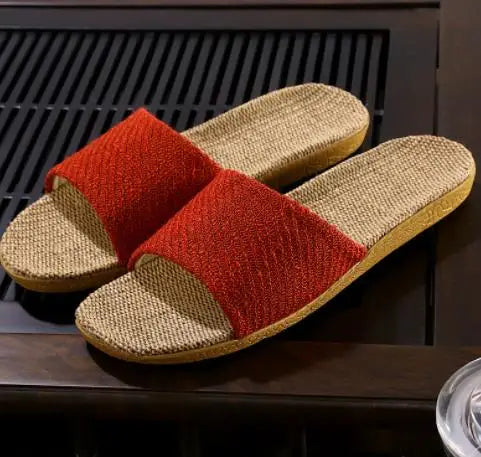 Linen Women Shoes Color Matching Leisure Indoor Floor Shoes Summer Home Slippers Ladies Open Toe Slippers Flat Shoes