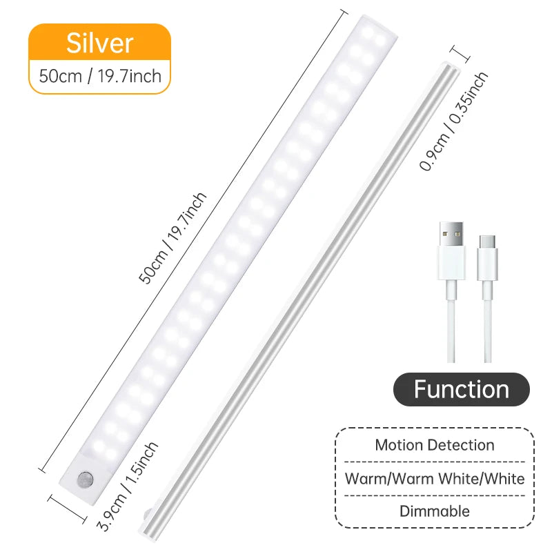 Night Light 20/30/40/60CM Motion Sensor Light Wireless USB LED Cabinet Light Wardrobe Lamp For Kitchen Cabinet Bedroom Wardrobe