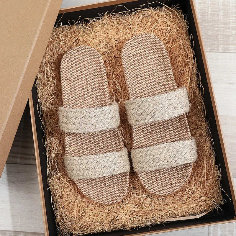 Summer Linen Slippers Woven Home Indoor Couple Sandals Breathable Non Slip Sweat Absorbing Wooden Floor Cotton Linen