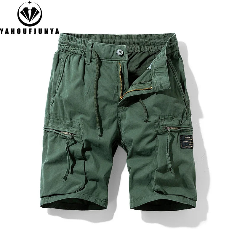 Men Summer Solid Color Outdoor Leisure Cargo Comfortable Shorts Men Elastic Waist Loose Straight High-Quality Design Shorts Male