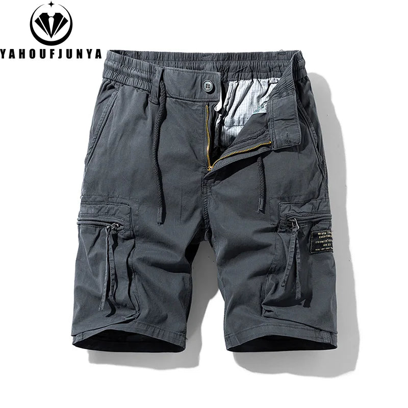 Men Summer Solid Color Outdoor Leisure Cargo Comfortable Shorts Men Elastic Waist Loose Straight High-Quality Design Shorts Male