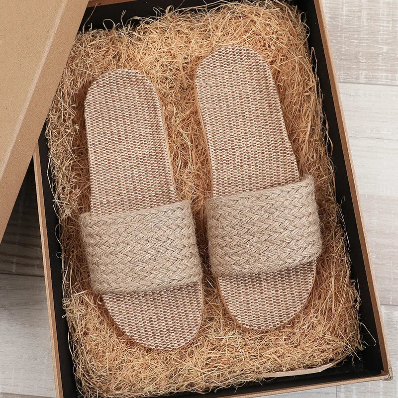 Summer Linen Slippers Woven Home Indoor Couple Sandals Breathable Non Slip Sweat Absorbing Wooden Floor Cotton Linen