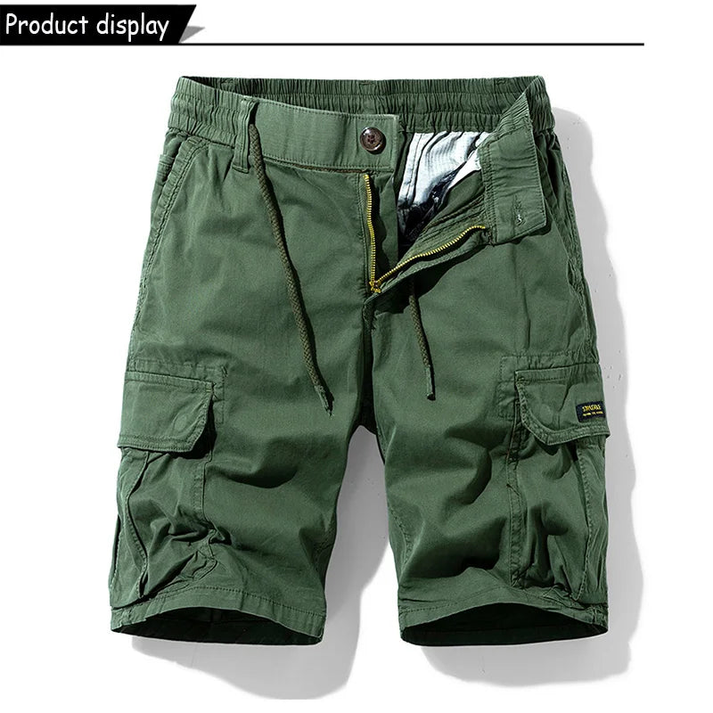 Men Summer Solid Color Outdoor Leisure Cargo Comfortable Shorts Men Elastic Waist Loose Straight High-Quality Design Shorts Male