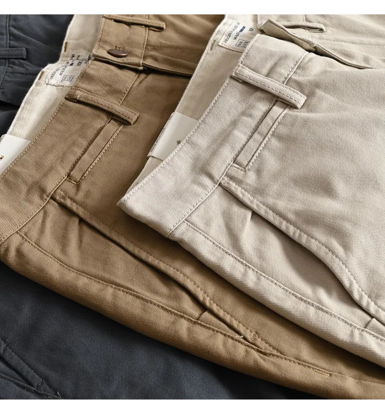 2025 Spring and Autumn New American Retro Woven Twill Chino Cargo Pants Men's Simple 100% Cotton Washed Casual Straight Trousers