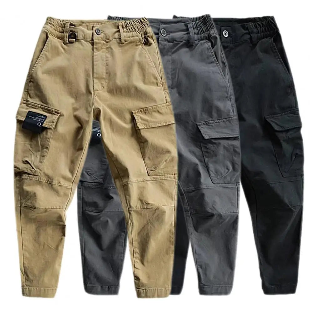 Stylish Cargo Pants Ankle-Length Solid Color Multi Pockets Men Fitness Pants Slim Fit Comfortable Sports Pants for Jogging
