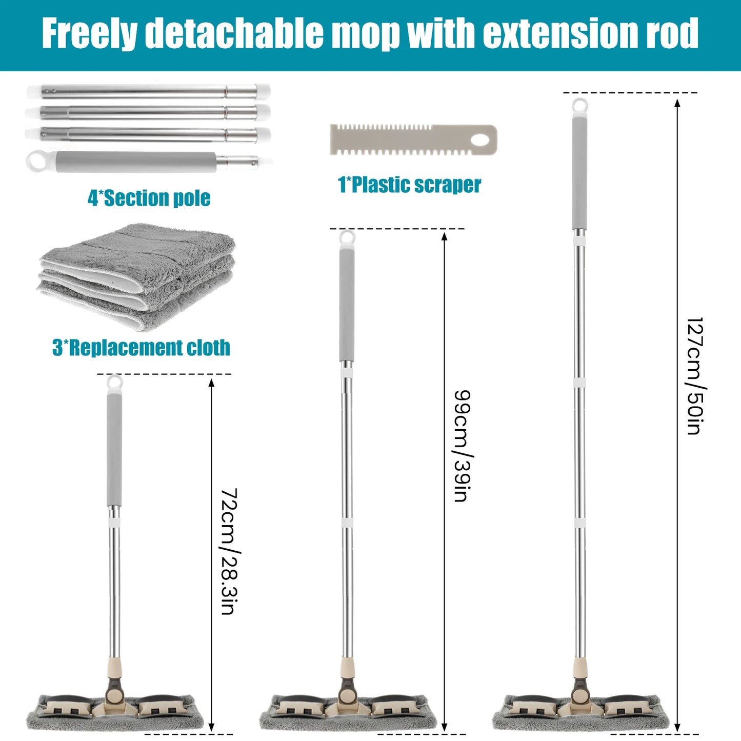 360° Rotating Flat Floor Mop with 127CM Adjustable Handle Dusting Microfiber Pad Lazy Mops Rectangular Home Floor Cleaning Tool