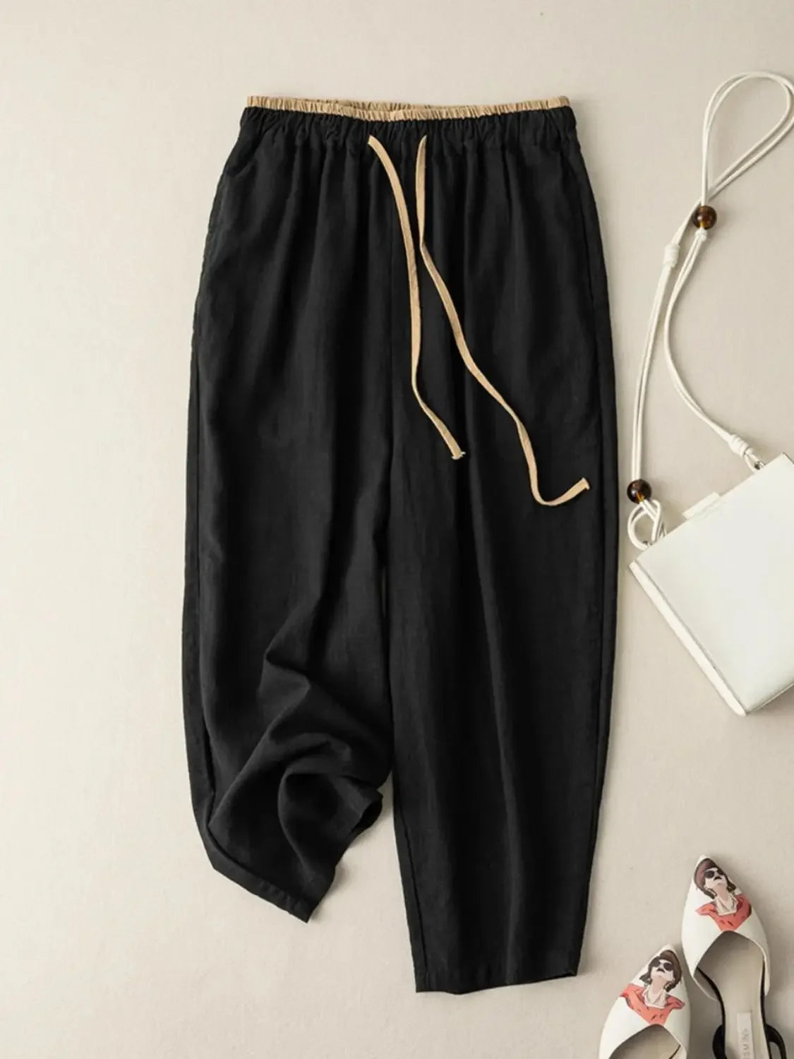 Elastic Drawstring Waist Casual Pants Summer Retro Cotton Linen Loose Harem Pants Basic Versatility Wide-leg Ankle-Length Pants