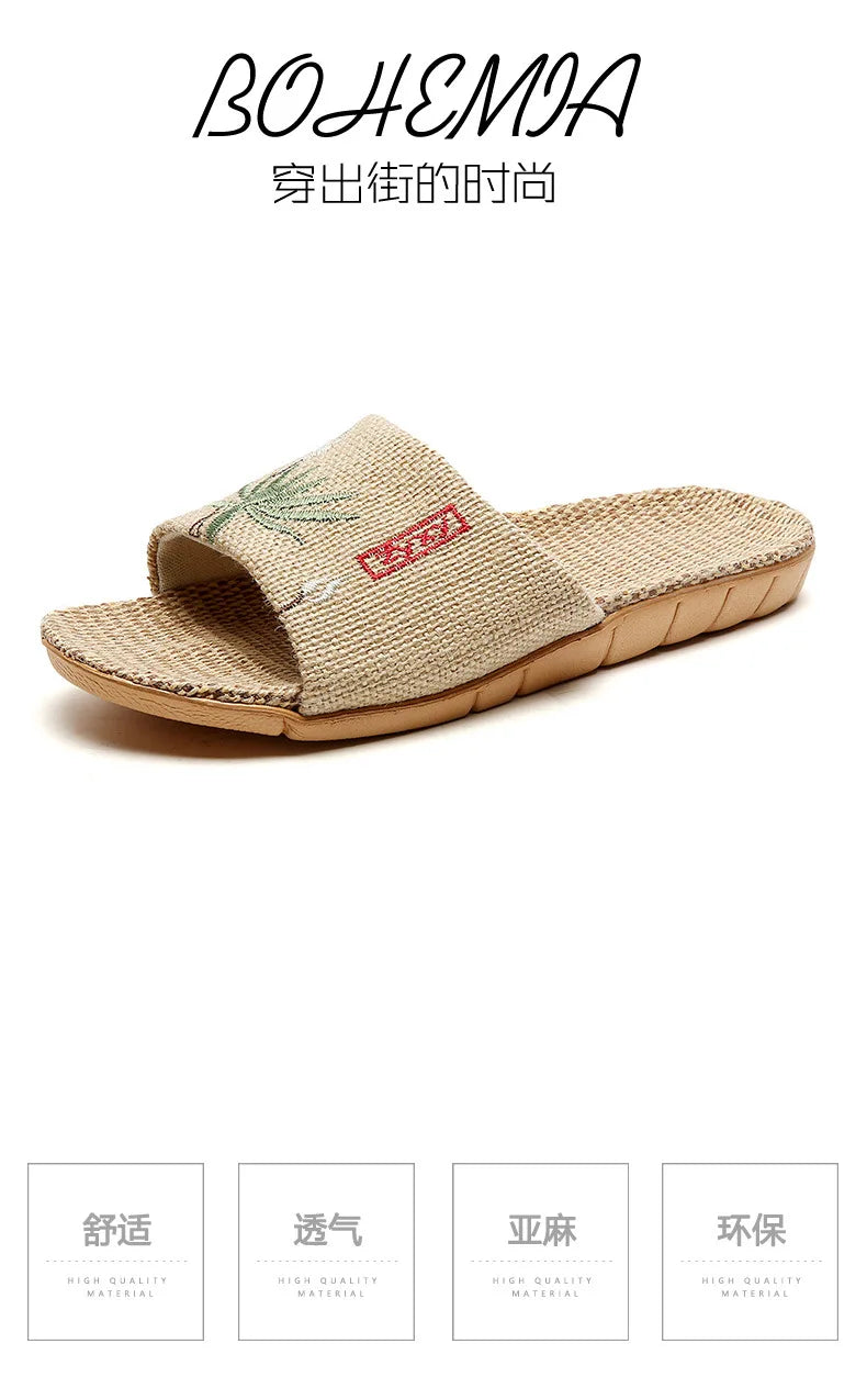 New Linen Slippers For Women Summer Indoor Home Non-Slip Home Home Embroidered Sandals Summer