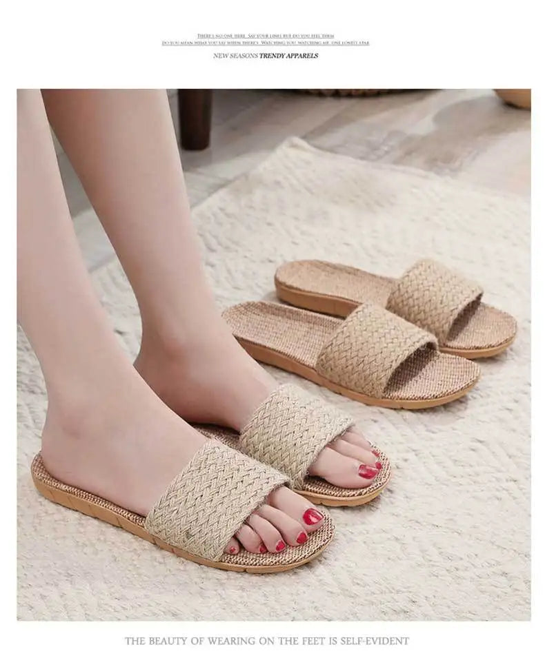 Summer Linen Slippers Woven Home Indoor Couple Sandals Breathable Non Slip Sweat Absorbing Wooden Floor Cotton Linen