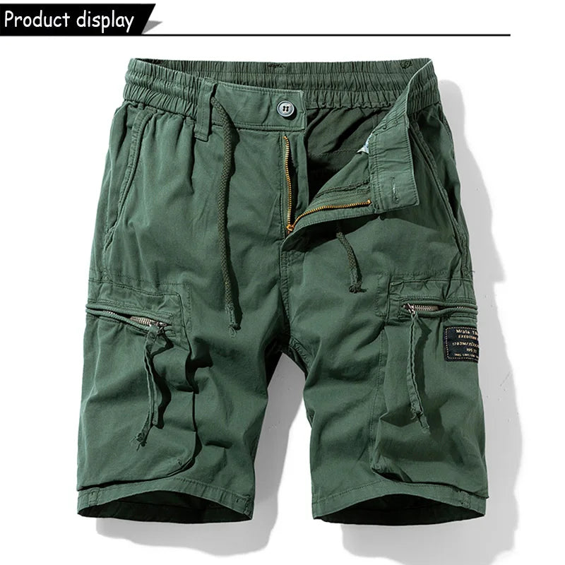 Men Summer Solid Color Outdoor Leisure Cargo Comfortable Shorts Men Elastic Waist Loose Straight High-Quality Design Shorts Male