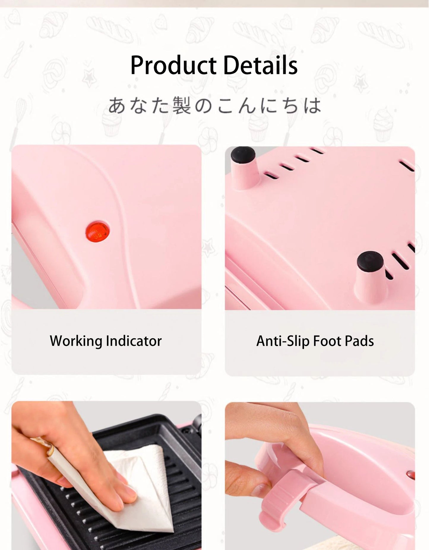 Portable Electric Sandwich Maker Home Multifunctional Machine Non-Stick Breakfast Maker Waffle Baking Pan Pot Pink Red Color