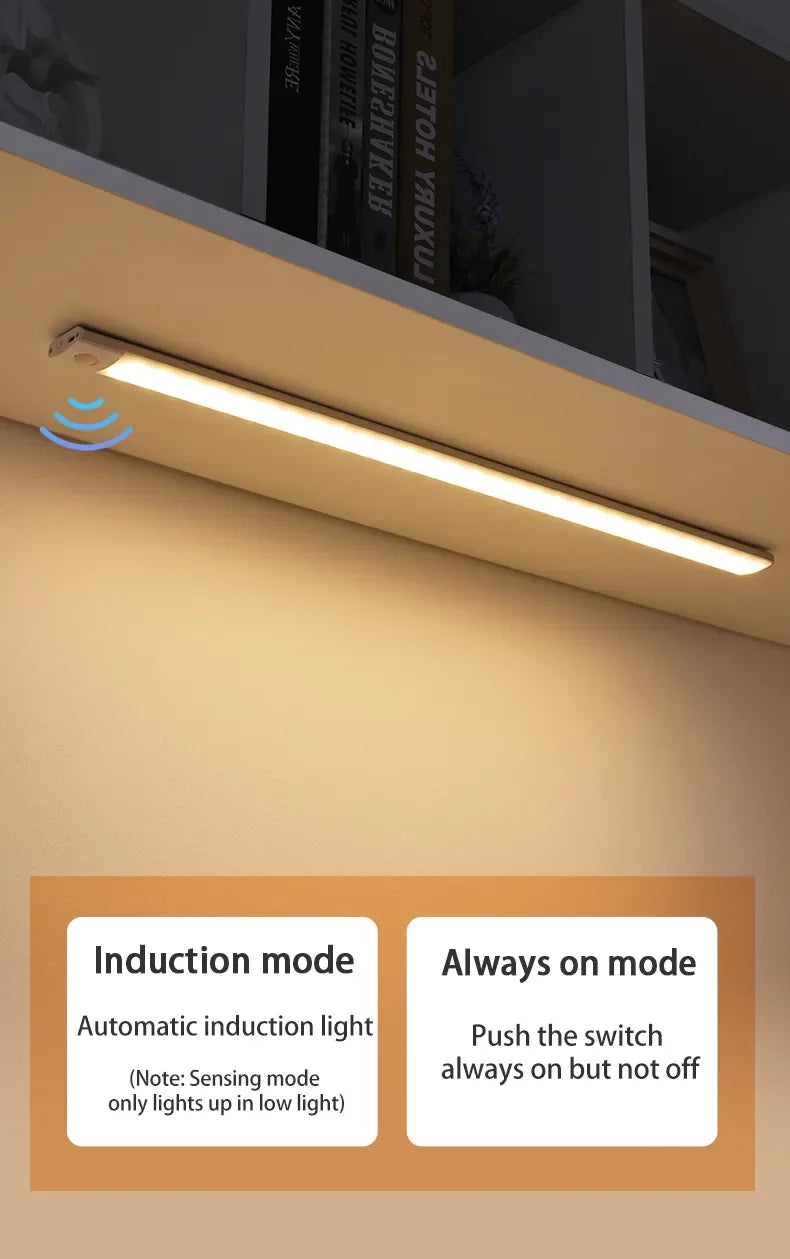 Night Light 20/30/40/60CM Motion Sensor Light Wireless USB LED Cabinet Light Wardrobe Lamp For Kitchen Cabinet Bedroom Wardrobe