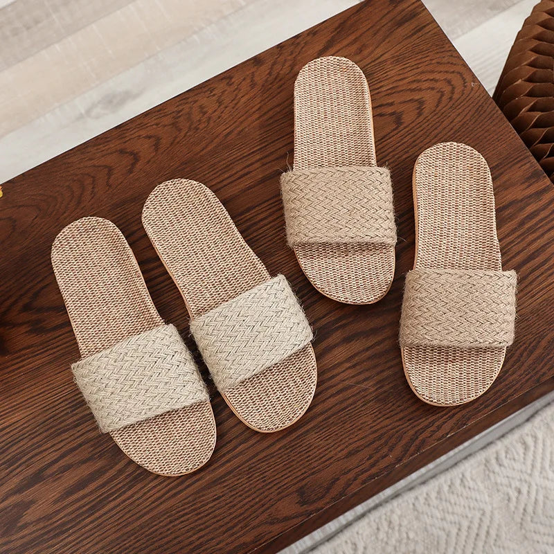 Summer Linen Slippers Woven Home Indoor Couple Sandals Breathable Non Slip Sweat Absorbing Wooden Floor Cotton Linen