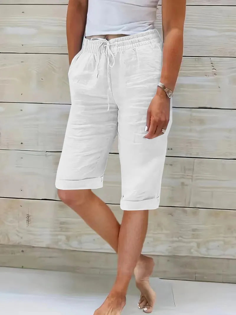 Womens Summer Elastic Waist Pocket Pocket Solid Color Cotton Linen Wide Leg Pants Loose Pants Pants for Women Women’s Pants