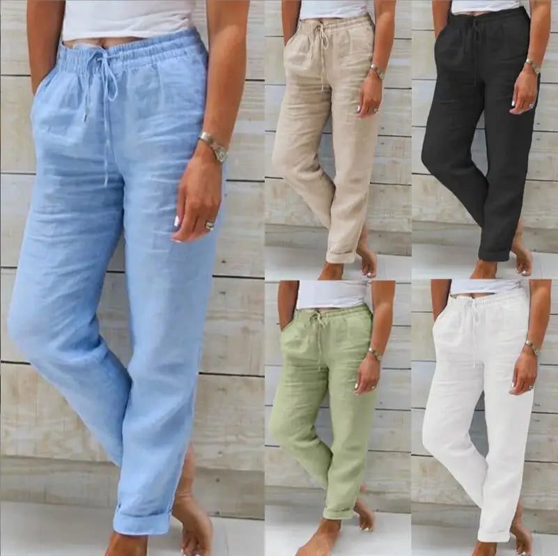 Cotton Linen Summer Pants for Women High Waist Elastic Casual Trousers Streetwear Solid Female Clothes 2024 Loose Pencil Pants