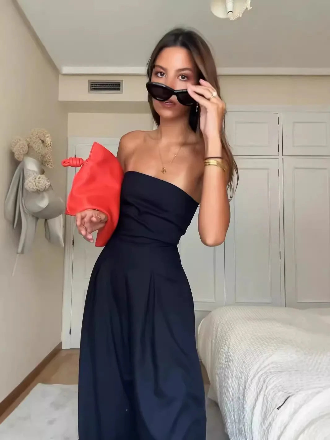 BKLD Solid Color 2025 Women Casual Backless Pleated Strapless Sexy Party Clubwear Slim Fit Long Pants One Pieces Jumpsuits
