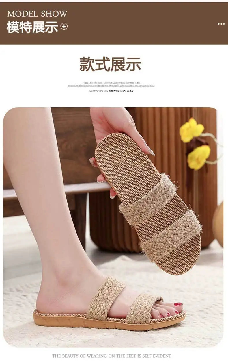 Summer Linen Slippers Woven Home Indoor Couple Sandals Breathable Non Slip Sweat Absorbing Wooden Floor Cotton Linen