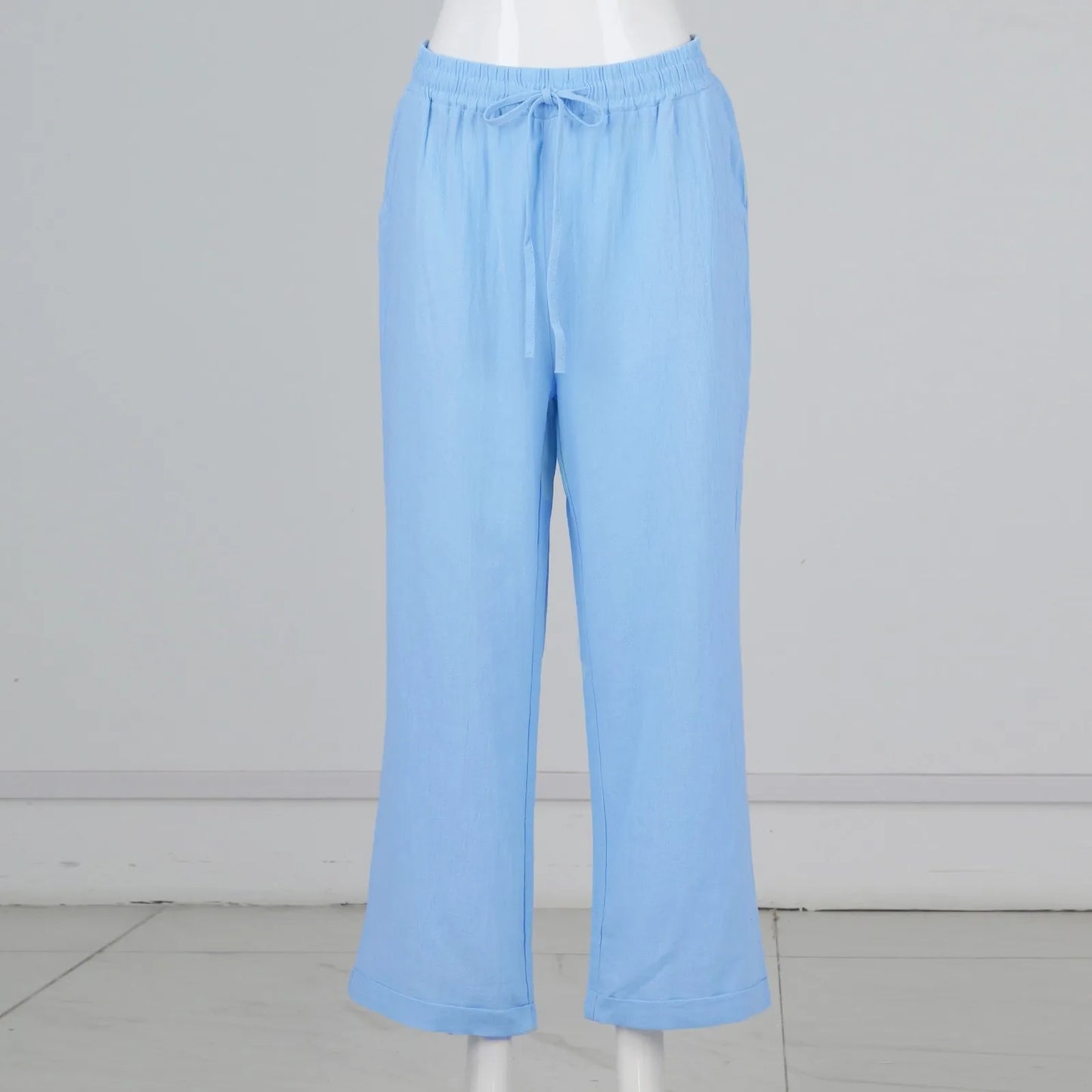 Womens Summer Elastic Waist Pocket Pocket Solid Color Cotton Linen Wide Leg Pants Loose Pants Pants for Women Women’s Pants