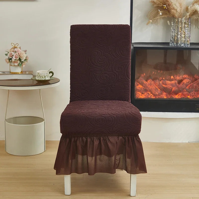 1/2/4/6pcs Jacquard Dining Chair Cover Pure Color All-inclusive Chair Slipcover with Skirt Elastic Durable Seat Protector Decor